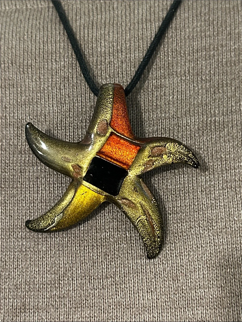 Glass starfish Pendant Necklace - Black Cord gold black orange